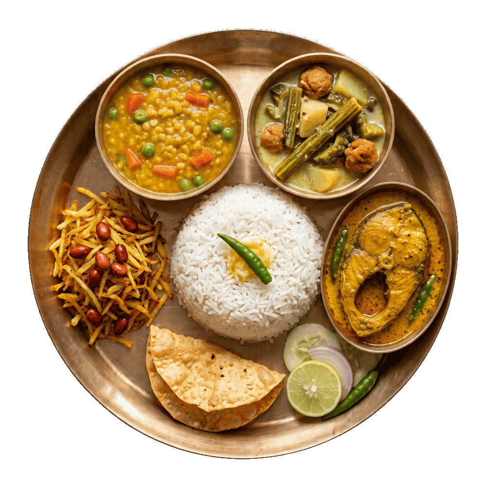 কাঁসার থালায় কাতলা মাছের ঝোল, ভাত, ডাল, সবজি ও আলুভাজা