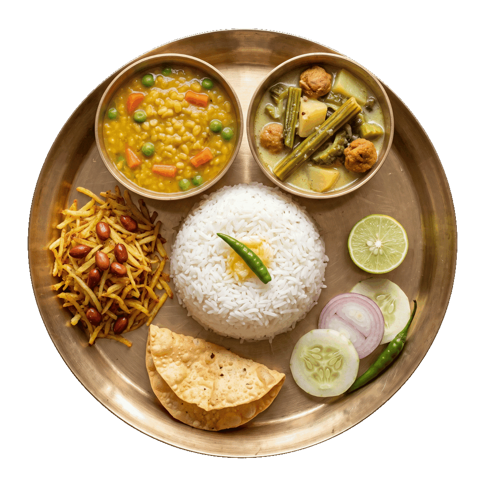 কাঁসার থালায় ভাত, ডাল, সবজি, ঝুরি আলুভাজা ও পাঁপড়সহ ভেজ থালি